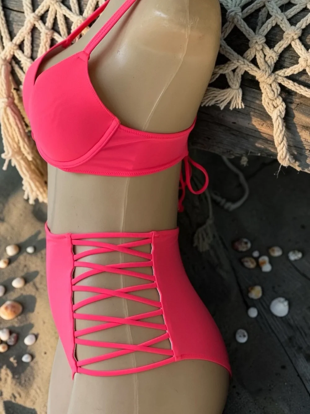 PINK Victoria’s Secret Neon Pink High-Waisted Bikini & Push-Up Swim Top Set - Picture 6 of 15